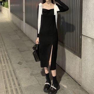 Long-sleeve Bow-accent Slit Midi Sheath Dress