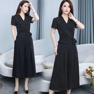 Set: Short-sleeve Dotted Top + Wide-leg Pants