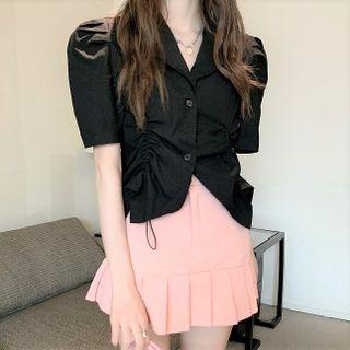Short-sleeve Drawstring Shirt / Mini Pleated Skirt