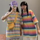3/4-sleeve Color-block Striped T-shirt