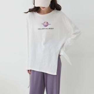 Printed Slit Long-sleeve T-shirt