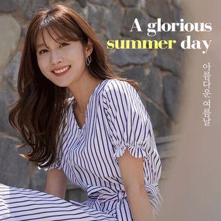 V-neck Banded-cuff Striped Dress With Sash