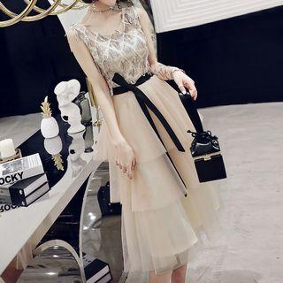 Glitter Fringed Mesh Paneled A-line Midi Tiered Dress (various Designs)