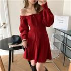 Off-shoulder Knit Mini A-line Dress Red - One Size
