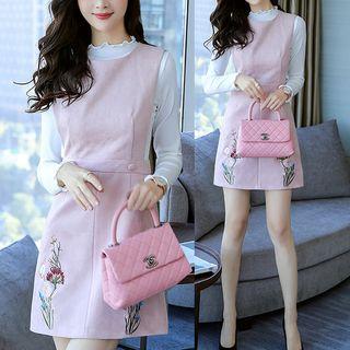 Set: Long-sleeve Top + Sleeveless Embroidered A-line Mini Dress