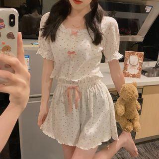Loungewear Set : Bow Short-sleeve Floral Top + Shorts Top & Pants - White - One Size