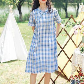 Mandarin Collar Plaid Short-sleeve A-line Dress