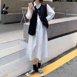 Long-sleeve Henley Midi Shirtdress / Single-breasted Vest