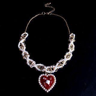 Heart Pendant Faux Pearl Choker Dark Red - One Size