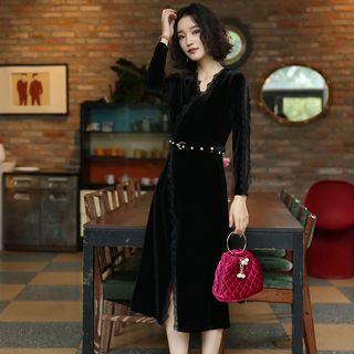 Long-sleeved V-neck Plain Panel Lace Long Dress