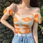 Flower Print Off-shoulder Ruched Blouse Almond - One Size