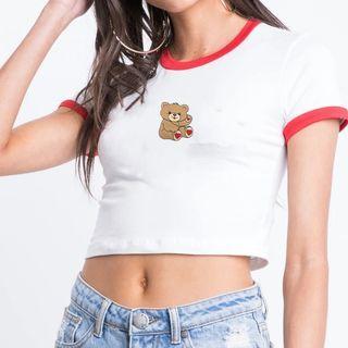 Short-sleeve Crew Neck Bear Print Cropped T-shirt