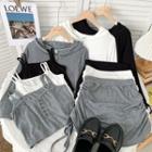 Set: Cropped Camisole Top + Drawstring-side Mini Skirt + Hooded Crop Jacket