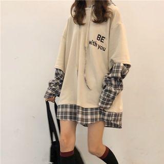 Lettering Panel Gingham Long-sleeve Hoodie As Shown In Figure - One Size