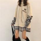 Lettering Panel Gingham Long-sleeve Hoodie As Shown In Figure - One Size