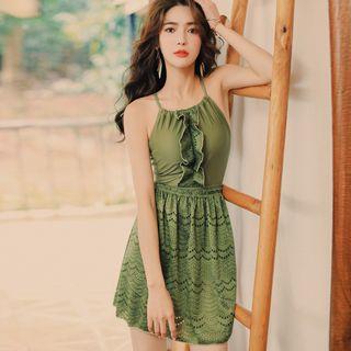 Set: Ruffle Trim Open Back Swimsuit + Swim Skirt