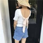Open Back Bow Accent Short Sleeve Knit T-shirt