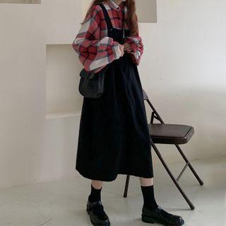 Long-sleeve Plaid Shirt / Midi A-line Pinafore Dress