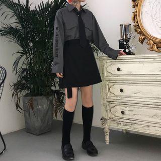 Letter Embroidered Shirt / Pocketed Blazer / High Waist A-line Skirt / Necktie