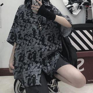 Short-sleeve Cartoon Print Shirt Black - One Size
