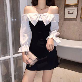 Off-shoulder Bow Accent Long-sleeve Sheath Dress