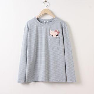 Cat Applique Striped Long-sleeve T-shirt