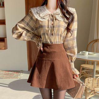 Lace-collar Napped Plaid Blouse