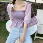 Plain Dot Puff Short Sleeve Chiffon Square Neck Crop Top