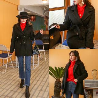 Double-breasted Short Coat With Tie-belt