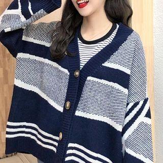 Striped V-neck Long-sleeve Knit Cardigan