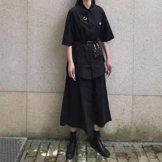 Elbow-sleeve Shirt / A-line Midi Skirt / Belted Pouch