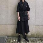 Elbow-sleeve Shirt / A-line Midi Skirt / Belted Pouch
