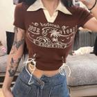 Short-sleeve Print Lace-up Collared Crop Top
