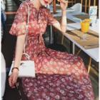 Floral Print Elbow Sleeve Chiffon Dress With Slipdress