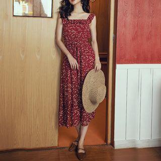 Sleeveless Frill Trim Floral Chiffon A-line Midi Dress