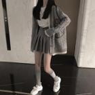 Cable-knit Cardigan / Plain Long-sleeve T-shirt / High Waist Pleated Skirt