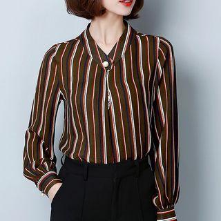 Faux Pearl Striped Long Sleeve Shirt