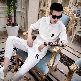 Set: Lettering Elbow-sleeve Shirt + Cropped Skinny Pants