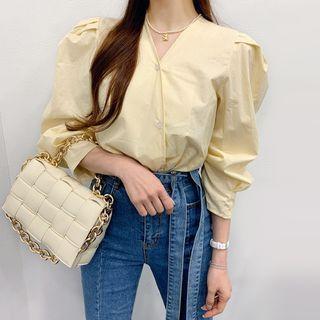 V-neck Puff-sleeve Blouse Yellow Beige - One Size
