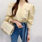 V-neck Puff-sleeve Blouse Yellow Beige - One Size