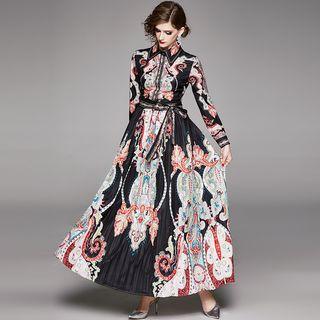 Printed 3/4-sleeve A-line Maxi Shirtdress