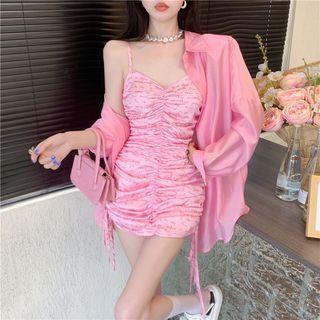 Spaghetti Strap Shirred Mini Bodycon Dress / Long-sleeve Shirt