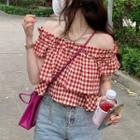 Puff-sleeve Off-shoulder Gingham Blouse Gingham - Red & White - One Size