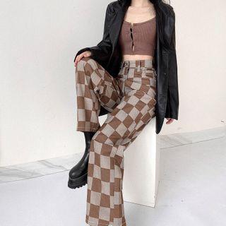 Plaid Mid Rise Loose Fit Jeans