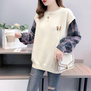 Mock Two-piece Dog Embroidered Sweater