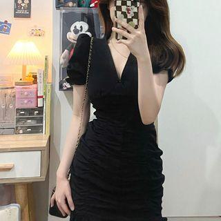 V-neck Plain Pleated Mini Dress