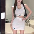 Set: Butterfly Print Cropped Halter Top + High-waist Mini Skirt