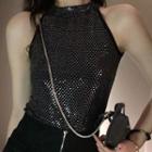 Sequined Halter Tank Top Black - One Size