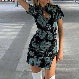 Dragon Printed Cutout Short Sleeve Side Slit Mini Dress