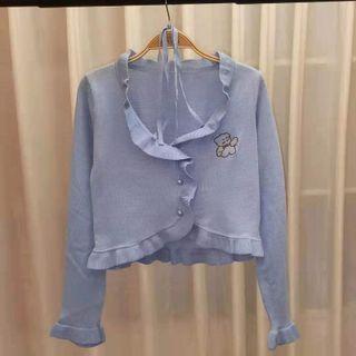 Long-sleeve Bear Print Plain Ruffle Trim Knit Crop Top